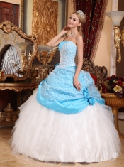 Beautiful Ball Gown Strapless Floor-length Taffeta and Tulle Hand Made Flowers Quinceanera Dress