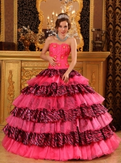 Beautiful Ball Gown Sweetheart Floor-length Organza and Zebra Beading Hot Pink Quinceanera Dress