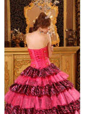 Beautiful Ball Gown Sweetheart Floor-length Organza and Zebra Beading Hot Pink Quinceanera Dress