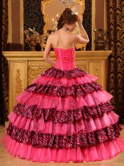 Beautiful Ball Gown Sweetheart Floor-length Organza and Zebra Beading Hot Pink Quinceanera Dress