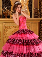 Beautiful Ball Gown Sweetheart Floor-length Organza and Zebra Beading Hot Pink Quinceanera Dress