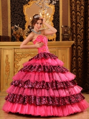 Beautiful Ball Gown Sweetheart Floor-length Organza and Zebra Beading Hot Pink Quinceanera Dress