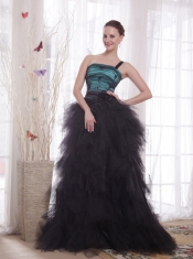 Black and Blue A-line / Princess One Shoulder Brush Train Tulle Appliques and Ruch Prom / Celebrity Dress