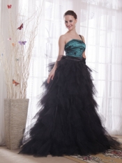 Black and Blue A-line / Princess One Shoulder Brush Train Tulle Appliques and Ruch Prom / Celebrity Dress