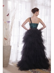 Black and Blue A-line / Princess One Shoulder Brush Train Tulle Appliques and Ruch Prom / Celebrity Dress