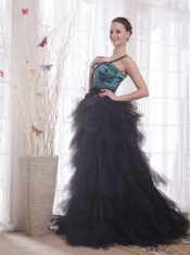 Black and Blue A-line / Princess One Shoulder Brush Train Tulle Appliques and Ruch Prom / Celebrity Dress