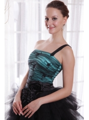 Black and Blue A-line / Princess One Shoulder Brush Train Tulle Appliques and Ruch Prom / Celebrity Dress