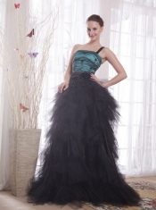 Black and Blue A-line / Princess One Shoulder Brush Train Tulle Appliques and Ruch Prom / Celebrity Dress