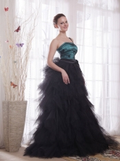 Black and Blue A-line / Princess One Shoulder Brush Train Tulle Appliques and Ruch Prom / Celebrity Dress