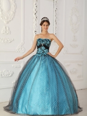 Black and Blue Ball Gown Strapless Floor-length Taffeta and Tulle Beading and Appliques Quinceanera Dress