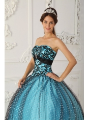 Black and Blue Ball Gown Strapless Floor-length Taffeta and Tulle Beading and Appliques Quinceanera Dress