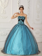 Black and Blue Ball Gown Strapless Floor-length Taffeta and Tulle Beading and Appliques Quinceanera Dress