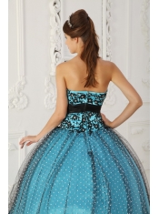 Black and Blue Ball Gown Strapless Floor-length Taffeta and Tulle Beading and Appliques Quinceanera Dress