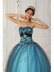 Black and Blue Ball Gown Strapless Floor-length Taffeta and Tulle Beading and Appliques Quinceanera Dress