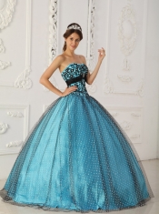 Black and Blue Ball Gown Strapless Floor-length Taffeta and Tulle Beading and Appliques Quinceanera Dress