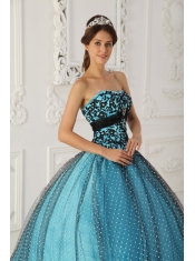 Black and Blue Ball Gown Strapless Floor-length Taffeta and Tulle Beading and Appliques Quinceanera Dress