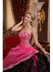 Black and Hot Pink Ball Gown Sweetheart Floor-length Organza Beading and Appliques Quinceanera Dress