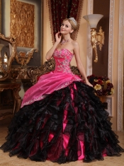 Black and Hot Pink Ball Gown Sweetheart Floor-length Organza Beading and Appliques Quinceanera Dress