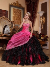 Black and Hot Pink Ball Gown Sweetheart Floor-length Organza Beading and Appliques Quinceanera Dress