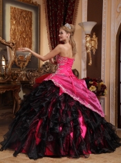 Black and Hot Pink Ball Gown Sweetheart Floor-length Organza Beading and Appliques Quinceanera Dress