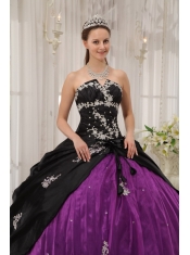 Black and Purple Ball Gown Strapless Floor-length Taffeta and Organza Appliques Quinceanera Dress