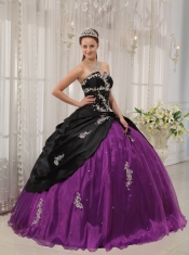 Black and Purple Ball Gown Strapless Floor-length Taffeta and Organza Appliques Quinceanera Dress