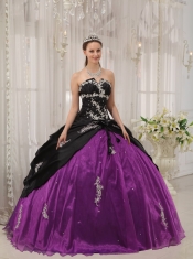 Black and Purple Ball Gown Strapless Floor-length Taffeta and Organza Appliques Quinceanera Dress