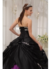 Black and Purple Ball Gown Strapless Floor-length Taffeta and Organza Appliques Quinceanera Dress