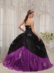 Black and Purple Ball Gown Strapless Floor-length Taffeta and Organza Appliques Quinceanera Dress