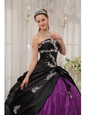 Black and Purple Ball Gown Strapless Floor-length Taffeta and Organza Appliques Quinceanera Dress