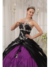 Black and Purple Ball Gown Strapless Floor-length Taffeta and Organza Appliques Quinceanera Dress