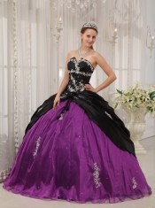 Black and Purple Ball Gown Strapless Floor-length Taffeta and Organza Appliques Quinceanera Dress