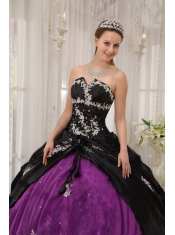 Black and Purple Ball Gown Strapless Floor-length Taffeta and Organza Appliques Quinceanera Dress