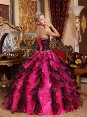 Black and Red Ball Gown Sweetheart Floor-length Organza Beading and Ruffles Quinceanera Dress