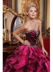 Black and Red Ball Gown Sweetheart Floor-length Organza Beading and Ruffles Quinceanera Dress