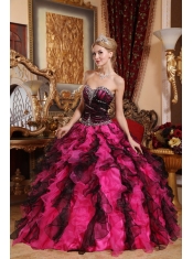 Black and Red Ball Gown Sweetheart Floor-length Organza Beading and Ruffles Quinceanera Dress