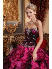 Black and Red Ball Gown Sweetheart Floor-length Organza Beading and Ruffles Quinceanera Dress