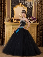 Black Ball Gown Strapless Floor-length Appliques Tulle Quinceanera Dress