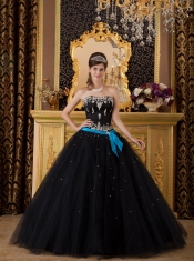 Black Ball Gown Strapless Floor-length Appliques Tulle Quinceanera Dress