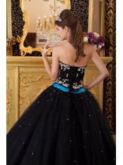 Black Ball Gown Strapless Floor-length Appliques Tulle Quinceanera Dress