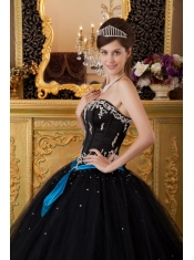 Black Ball Gown Strapless Floor-length Appliques Tulle Quinceanera Dress