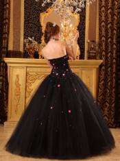 Black Ball Gown Strapless Floor-length Tulle Appliques Quinceanera Dress