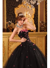 Black Ball Gown Strapless Floor-length Tulle Appliques Quinceanera Dress
