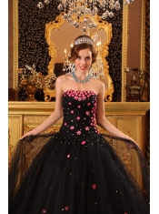 Black Ball Gown Strapless Floor-length Tulle Appliques Quinceanera Dress