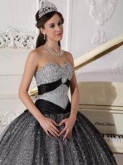 Black Ball Gown Sweetheart Floor-length Sequined and Tulle Appliques Quinceanera Dress