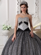 Black Ball Gown Sweetheart Floor-length Sequined and Tulle Appliques Quinceanera Dress