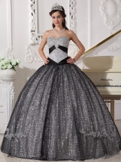 Black Ball Gown Sweetheart Floor-length Sequined and Tulle Appliques Quinceanera Dress