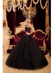 Black Ball Gown Sweetheart Floor-length Tulle Appliques Quinceanera Dress