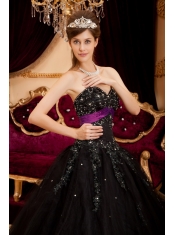 Black Ball Gown Sweetheart Floor-length Tulle Appliques Quinceanera Dress