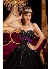 Black Ball Gown Sweetheart Floor-length Tulle Appliques Quinceanera Dress